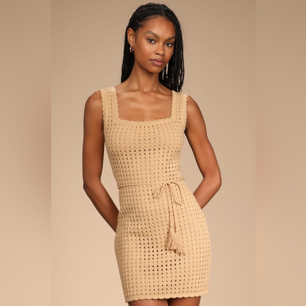 Lulu's Beige Crochet Tie-Waist Mini Dress